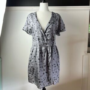 OBEY Last Dance Silk Wrap Gray and Black Leopard Print Plunge Neck Midi Sundres